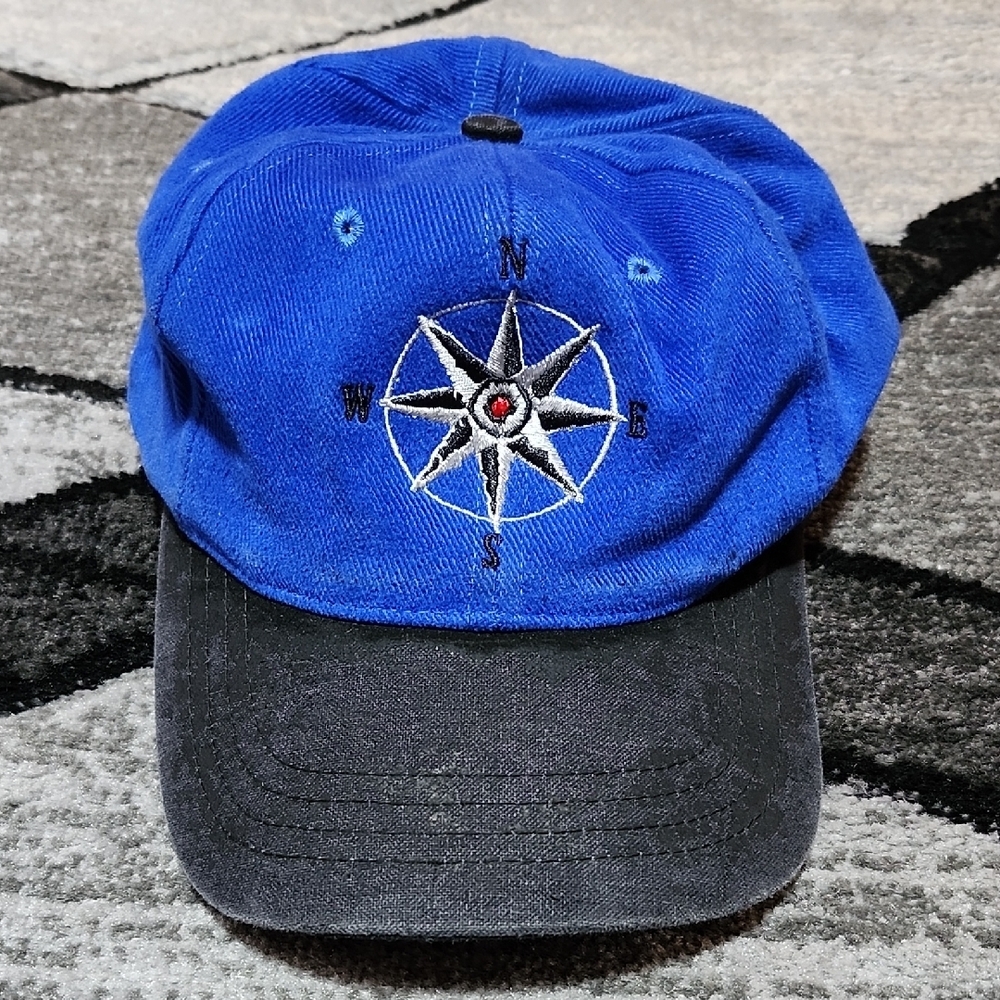 VINTAGE MARLBORO UNLIMITED GEAR BLUE CORDUROY EMBROIDERED COMPASS HAT CAP
